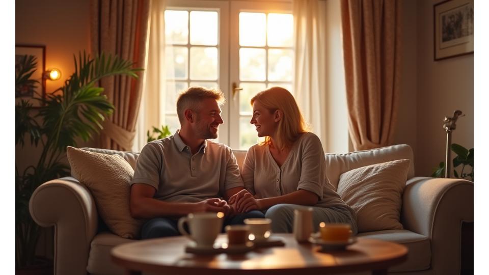 Szczęśliwa para w średnim wieku trzymająca się za ręce w ciepłym, domowym otoczeniu, symbolizująca sukces w poszukiwaniu partnera.