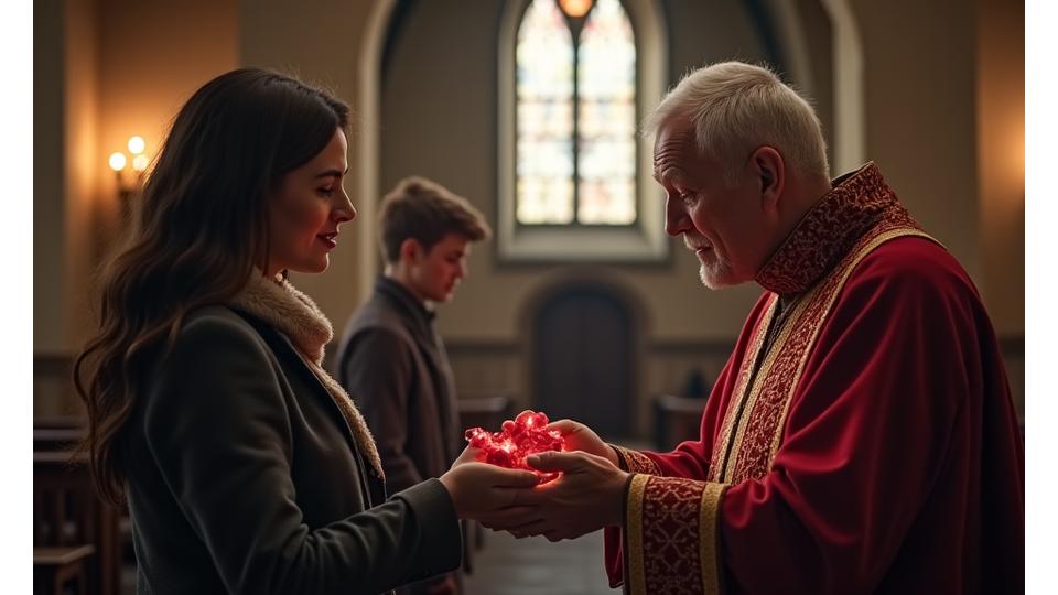 Starszy duszpasterz błogosławiący młodą parę w kościele, symbolizujący wsparcie wspólnoty i Kościoła w budowaniu relacji.