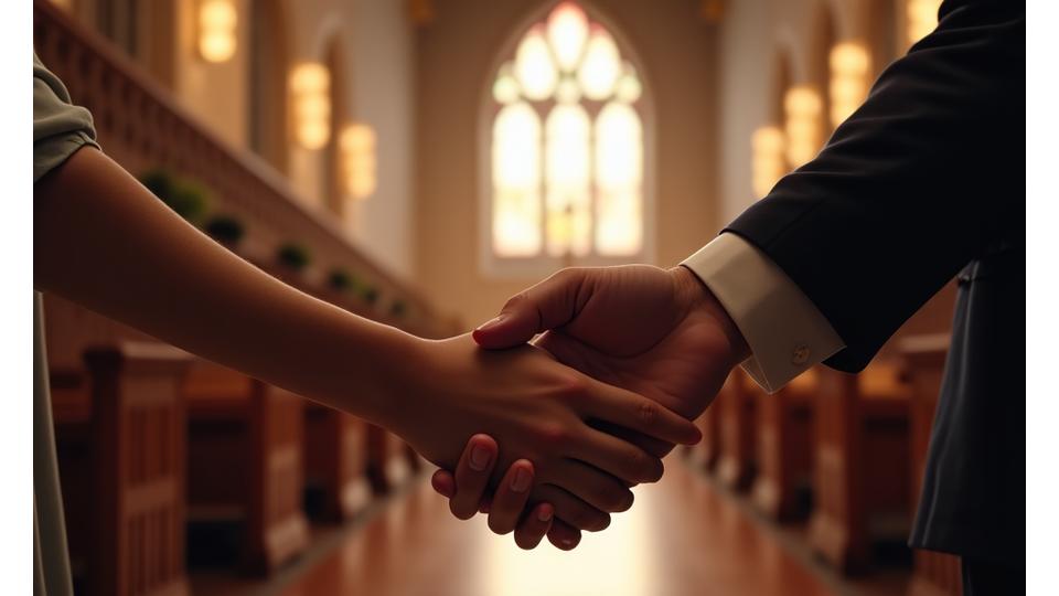 Splecione dłonie pary, w tle delikatne rozmycie wnętrza kościoła, symbolizujące jedność w wierze i zgodność w praktykach religijnych.