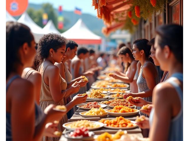 Grupa ludzi próbująca międzynarodowe potrawy na festiwalu, z flagami różnych krajów w tle.