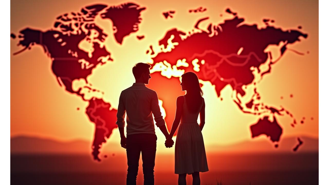 Globalna para trzymająca się za ręce na tle mapy świata z zaznaczonymi krajami, symbolizująca miłość ponad granicami.