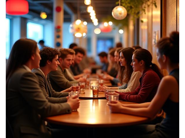 Zróżnicowana grupa ludzi rozmawiająca w parach przy małych stolikach podczas wydarzenia speed dating, z globalnymi dekoracjami.