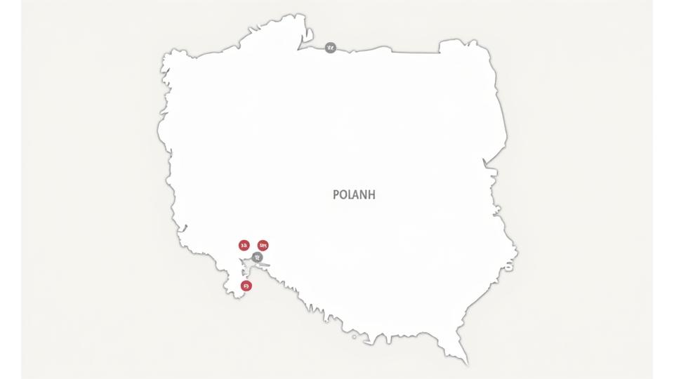 Mapa Polski z zaznaczonymi miastami, w których odbywają się wydarzenia Amoretti Vows: Warszawa, Kraków, Gdańsk, Wrocław, Poznań, Łódź