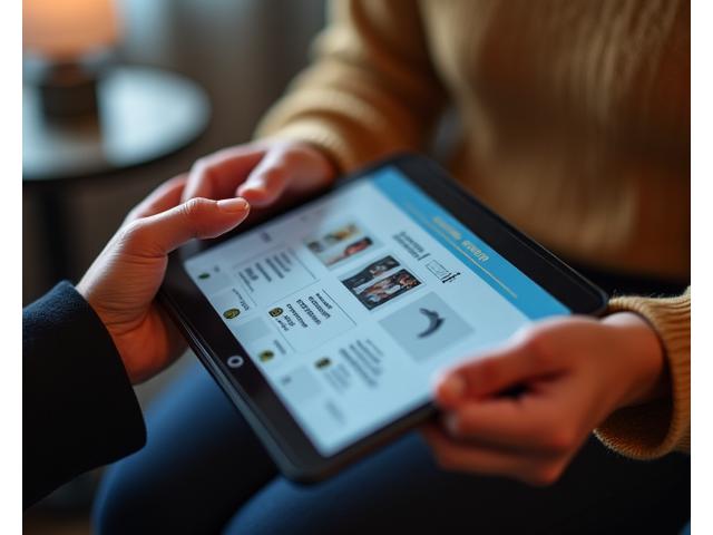 Dłonie trzymające tablet z interfejsem dopasowań randkowych, pokazującą profile z informacjami o dzieciach i preferencjach rodzicielskich.